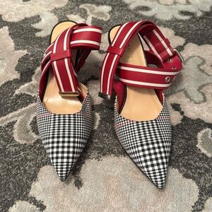 Monse Check Twill Pumps Black White Red Ankle Strap Pointed Toe 37 *MSRP 890*